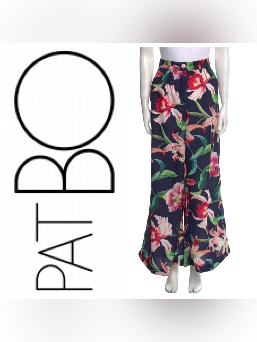 PatBO Navy Floral Wide-Leg Pants with Pink & Red Blooms
